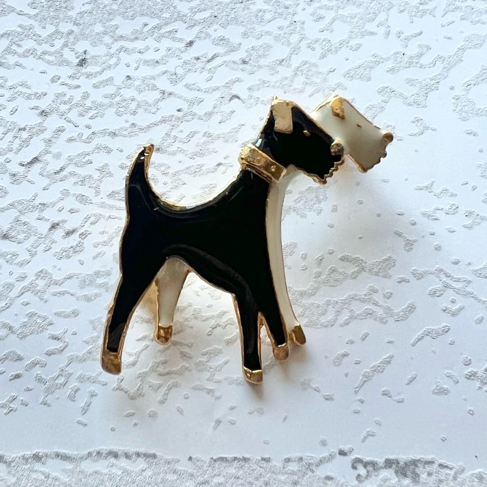 Vintage Enamel Terrier Two Dog Brooch Pin Black White Terrier Gold Tone